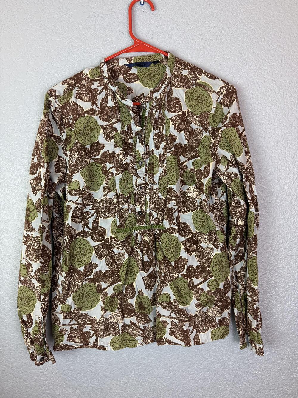 Boden Shirt Womens 14 Brown Green Floral Long Sleeve Button Front Blouse Top